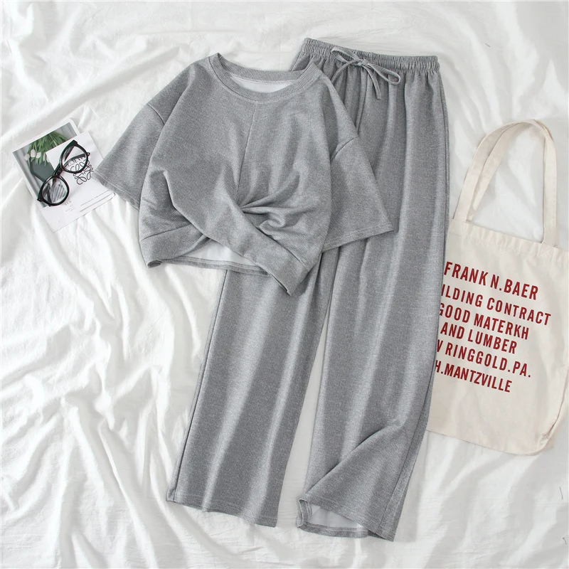 Casual Summer Women's Suit Knot Crossing O-neck Short Sleeve Crop Top Drawstring Waist Wide Leg Pants Two Piece Set Women Korean