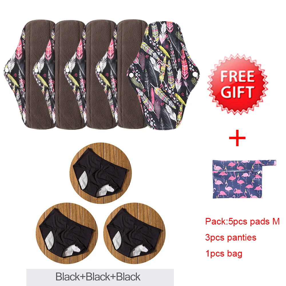 

5PCS Panty Liner Cloth Menstrual Pad Mama Sanitary Reusable Soft Washable Charcoal Period Napkins Size M with 3pcs Panties+1bag