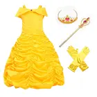 Платье принцессы Белль для девочек, костюм для косплея, детское желтое бальное платье с открытыми плечами, платье на Хэллоуин с короной и волшебной палочкой