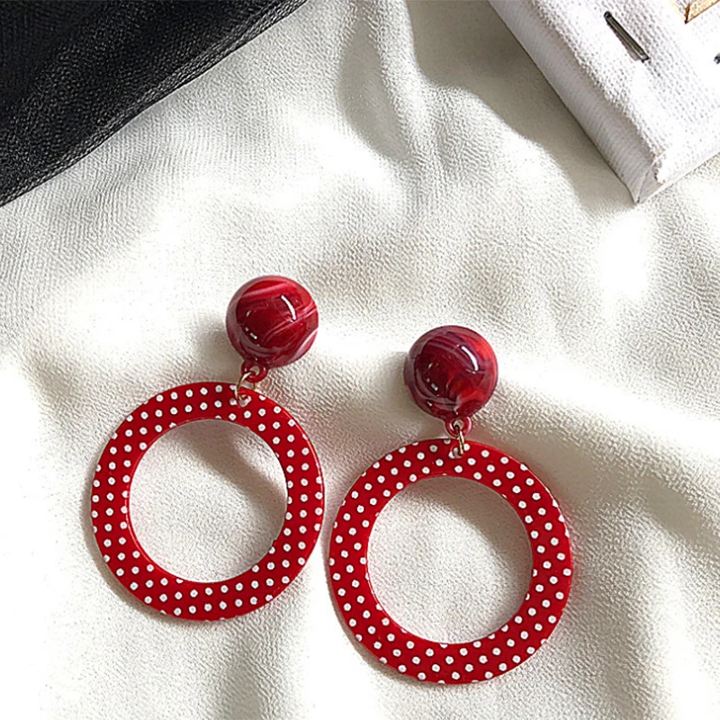 Женские винтажные серьги подвески YAOLOGE красные ажурные с волнистыми точками