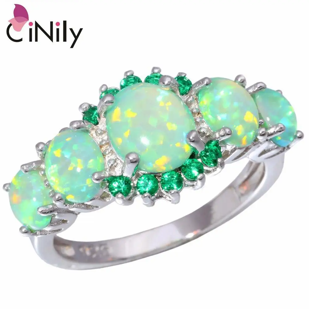 Green CiNily роскошные кольца с большим зеленым огненным опалом, заполненные камнями, посеребренные CZ циркониевые кристаллы, богемные женские ювелирные изделия в стиле бохо, Размер 11, 12 - Цвет основного камня: Green