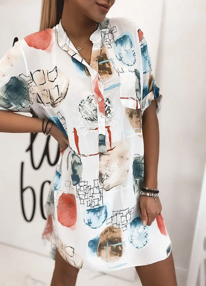 

Vestidos De Verano Para Mujer 2020 New Loose Large Size Ink Painting Print Short Sleeve Sexy V-neck Dress