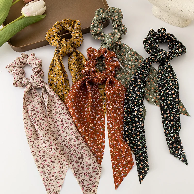 

New Fashion Chiffon Silk Wispy Floral Bow Hair Scrunchies For Women Hair Tie Rope Rubber Bands Ponytail Holder Hair Accessories