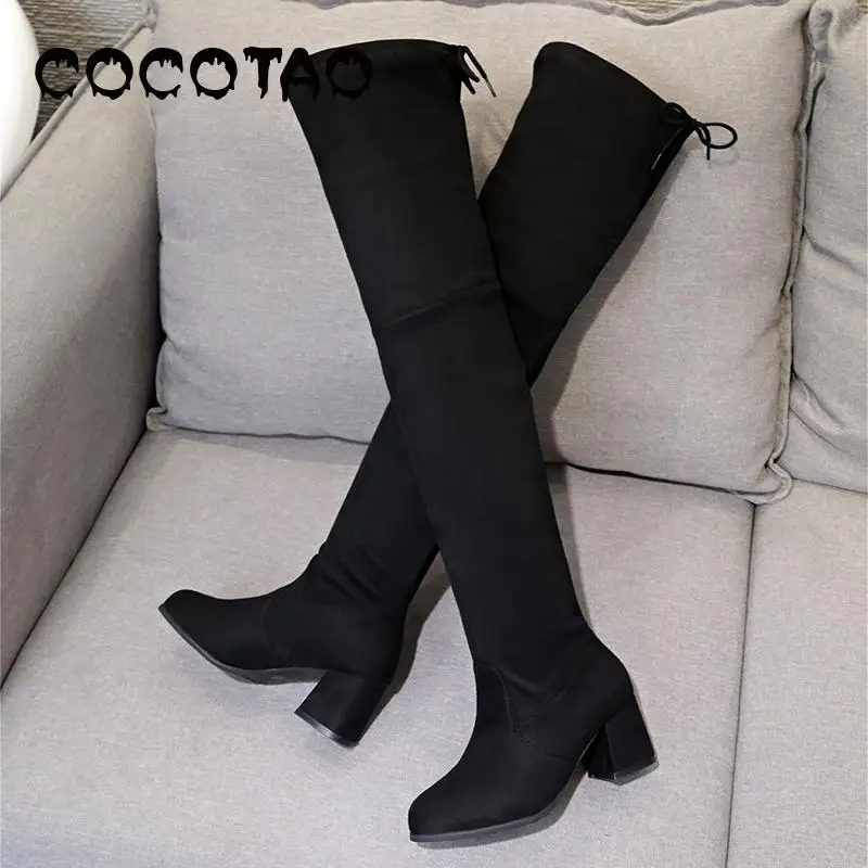 Женские замшевые ботфорты на высоком тонком каблуке эластичные высокие сапоги