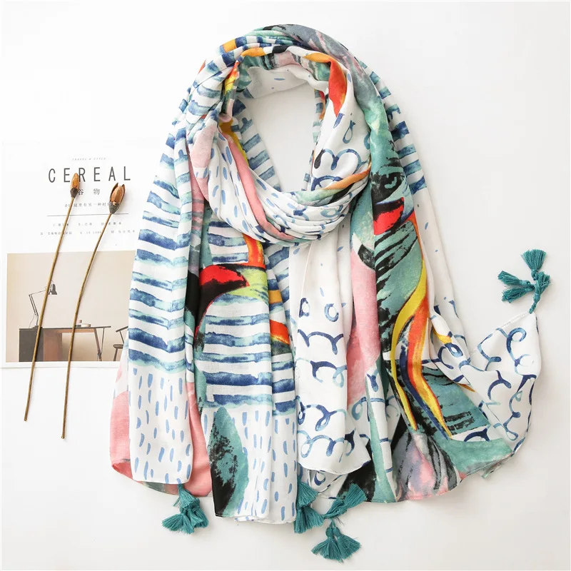 

Fashion Ink Painting Beach Summer Floral Tassel Viscose Shawl Scarf Women High Quality Autumn Winter Foulard Muslim Hijab Sjaal