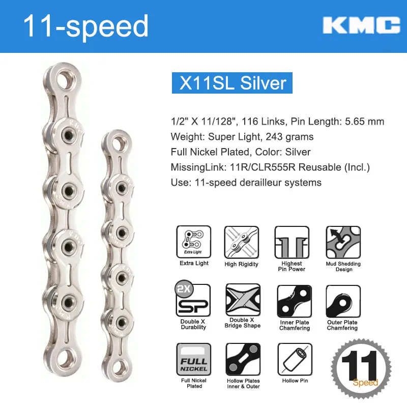 X11SL Silver N 2Link KMC велосипед 11 скоростной цепи W/оригинальные MissingLinks разъемы X11 серии X мост опционально серебряные золотые полые пластины/Pin - Цвет: X11SL Silver N 2Link