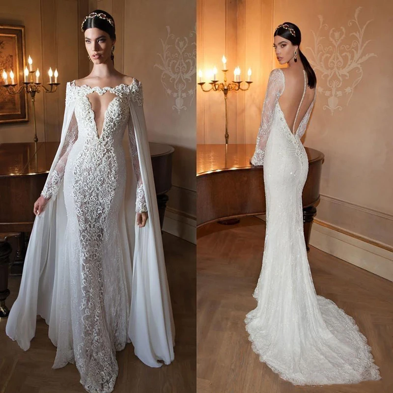 

2020 Berta Long Sleeve Wedding Dresses Lace Appliques Beads Sheer Back Vestidos De Novia Off Shoulder Mermaid Bridal Gowns With