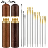 12pcs self threading needles and 3pcs large eye hand sewing needles with 2 wooden needle case diy embroidery sewing accessories