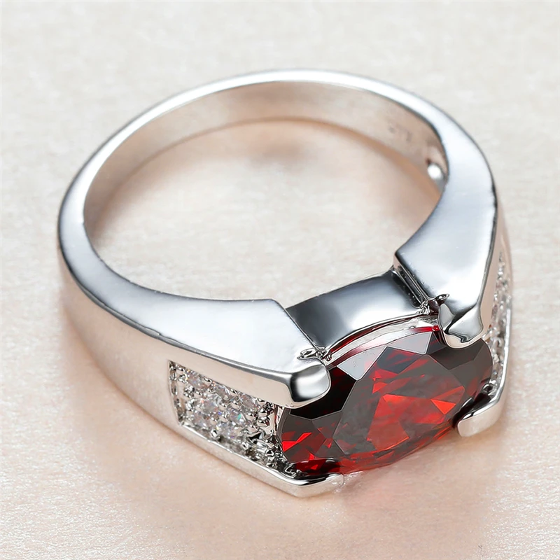 

Vintage Female Red Crystal Stone Ring Classic Silver Color Thin Wedding Rings For Women Luxury Oval Zircon Engagement Ring