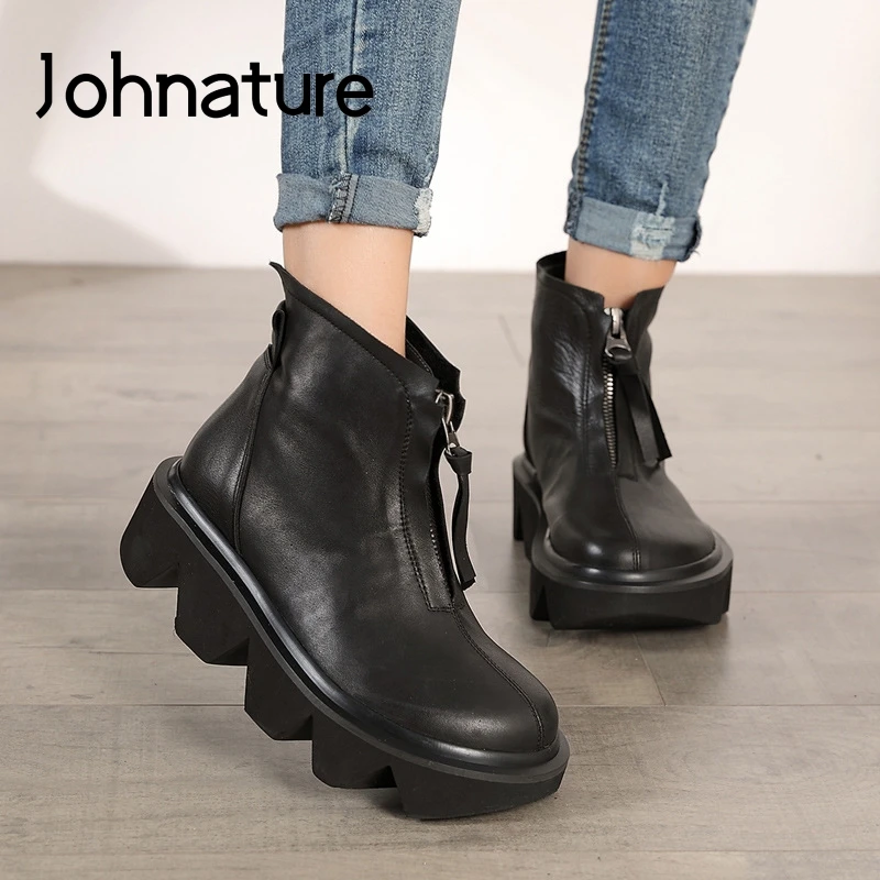 

Johnature Genuine Leather Women Boots 2022 New Zip Round Toe Autumn Winter Women Shoes Handmade Concise Ankle Platform Boots