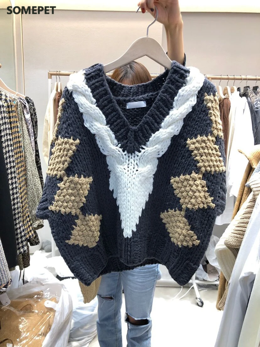 

women 2020 fashion oversized knitted vest sweater V neck sleeveless loose female waistcoat chic tops