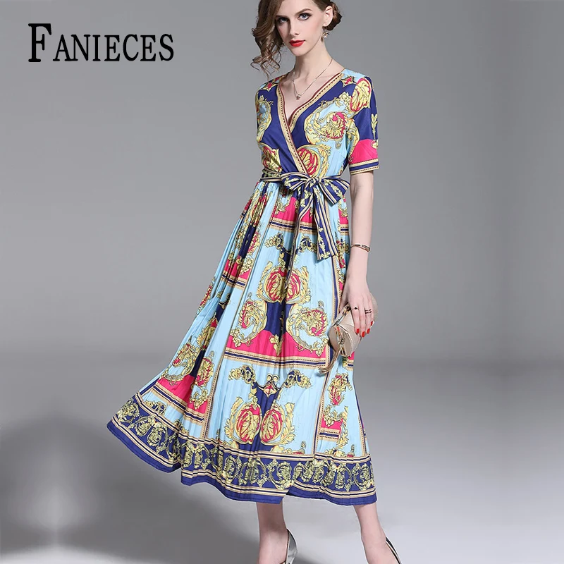 

Spring Summer Fall Runway dresses Vintage Print V Neck Empire Waist Women Ladies Party Casual A-Line Maxi Dress vestido de mujer