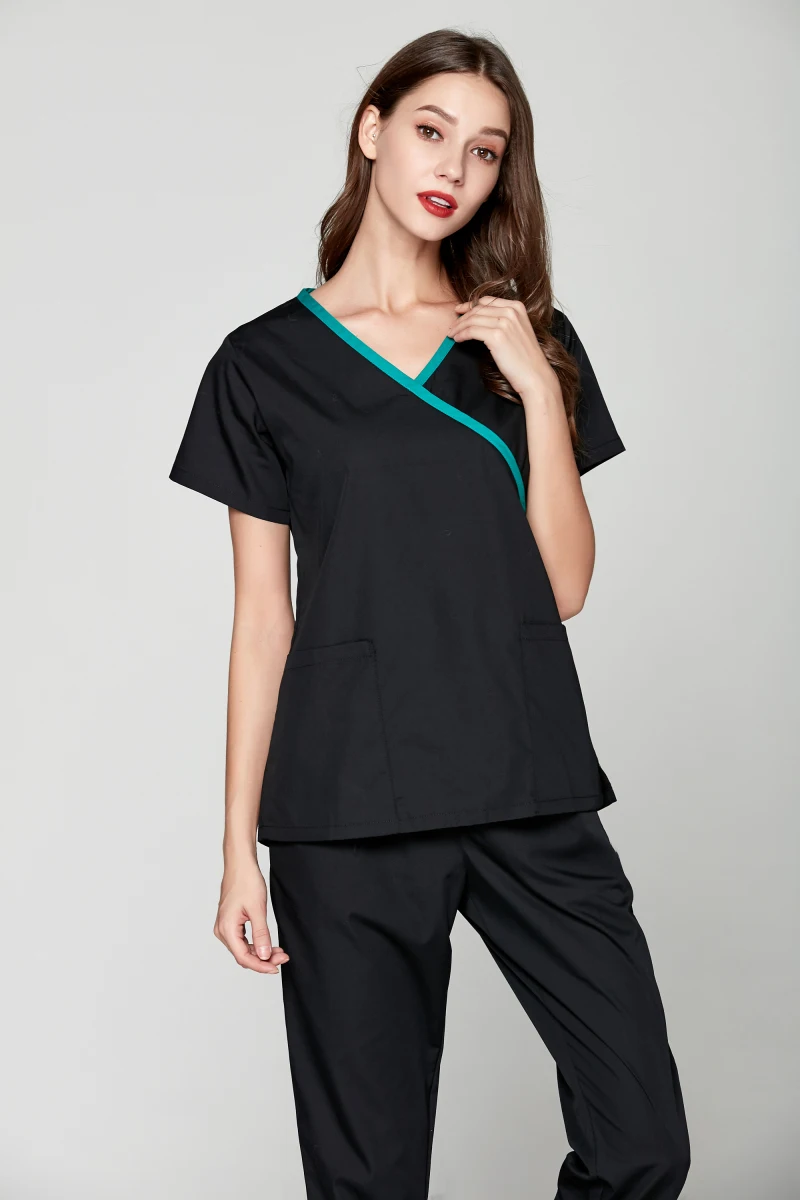 Women's Summer Black Workwear Women Short Sleeve Dental Clinic Uniforms Set Three Design Top and Long Pant Workingwear | Тематическая
