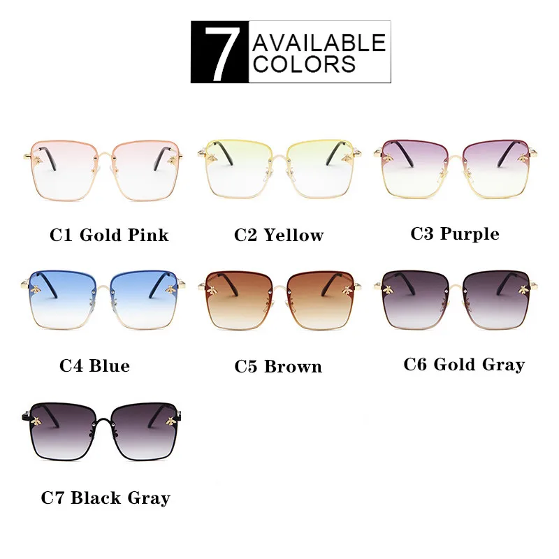 

2021 New Fashion Lady Oversize Rimless Square Bee Sunglasses Women Men Small Bee Glasses Gradient Sun Glasses Female UV400