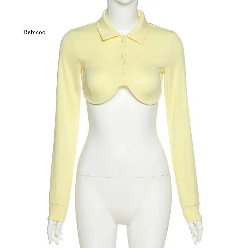 

Autumn Women's Casual High Street Outfit Solid Long Sleeve Crop Top with Hollow Hole Basic Cardigan Collar T-Shirt