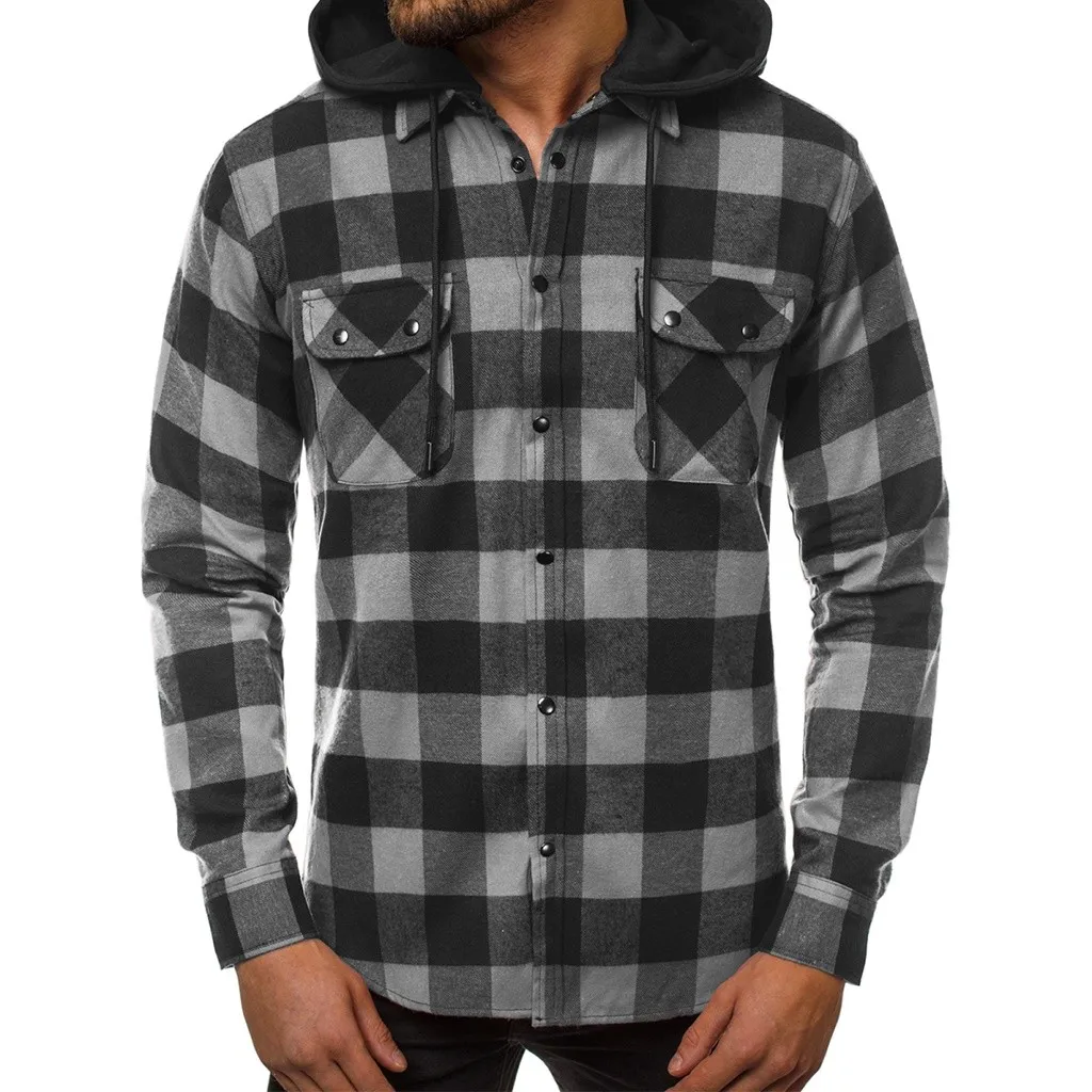 Рубашка мужская с длинным рукавом блузка капюшоном Деловая карманами для отдыха