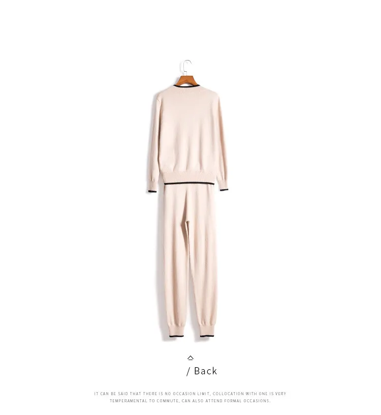 Time-limited Full Wool New Cashmere Suit Fashion Color Matching V-neck Sweater And Feet Pants Warm Two Piece Set Apricot