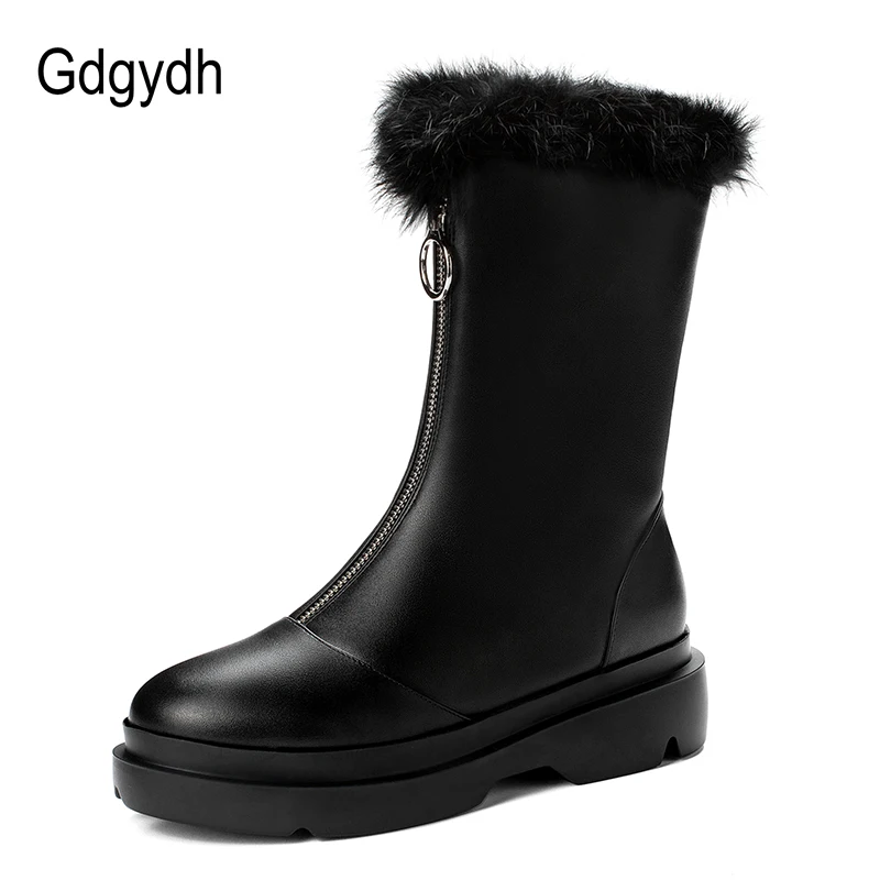 Gdgydh Long Plush Inside Leather PU Snow Boots Plush Boots Women Warm Natural Fur Winter Boots Female With Zipper High Quality