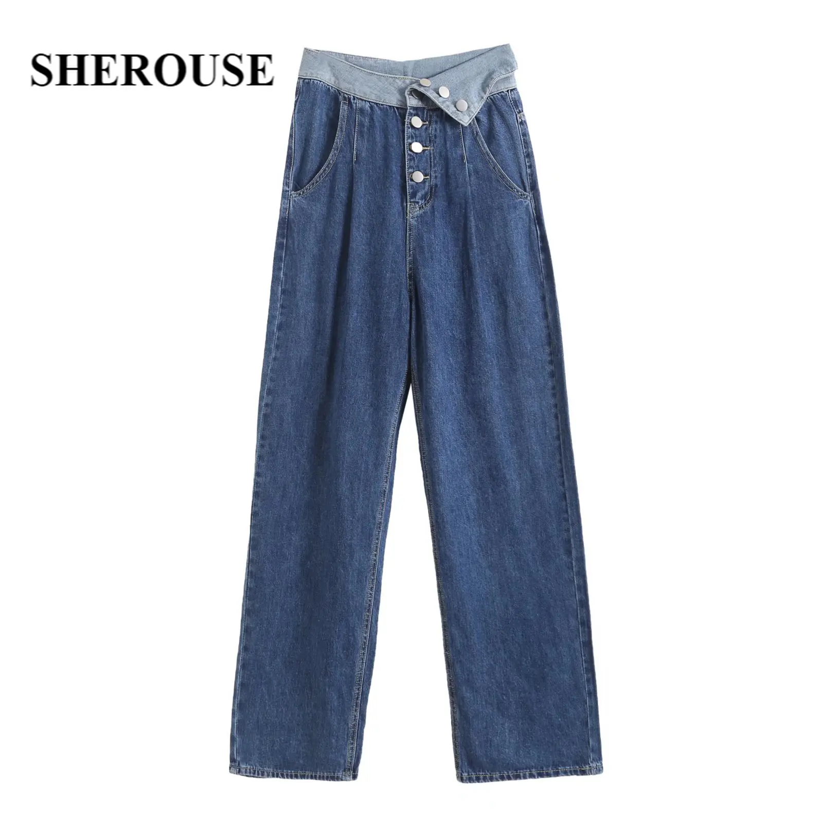 

Sherouse Women Fashion Denim Jeans Asymmetric Hight-Waist Front Buttons Casual Woman Straight Leg Loose Trousers Chic Lady