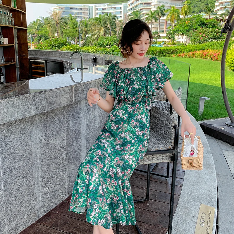 

Off The Shoulder Ruffles Summer Dress Female High Waist Fishtail Chiffon Floral Print Long Dresses for Women T8128