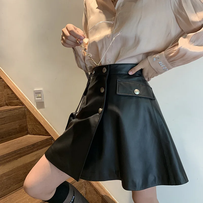 2021 autumn and winter new Korean version of high waist leather skirt lambskin a-line skirt slim leather umbrella skirt small