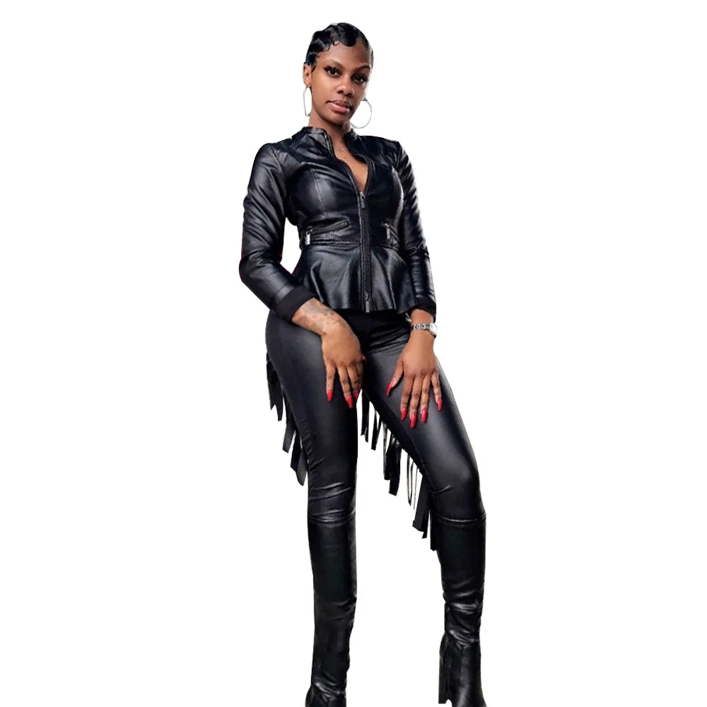 Женский сексуальный костюм в стиле панк из искусственной кожи с бахромой Клубная