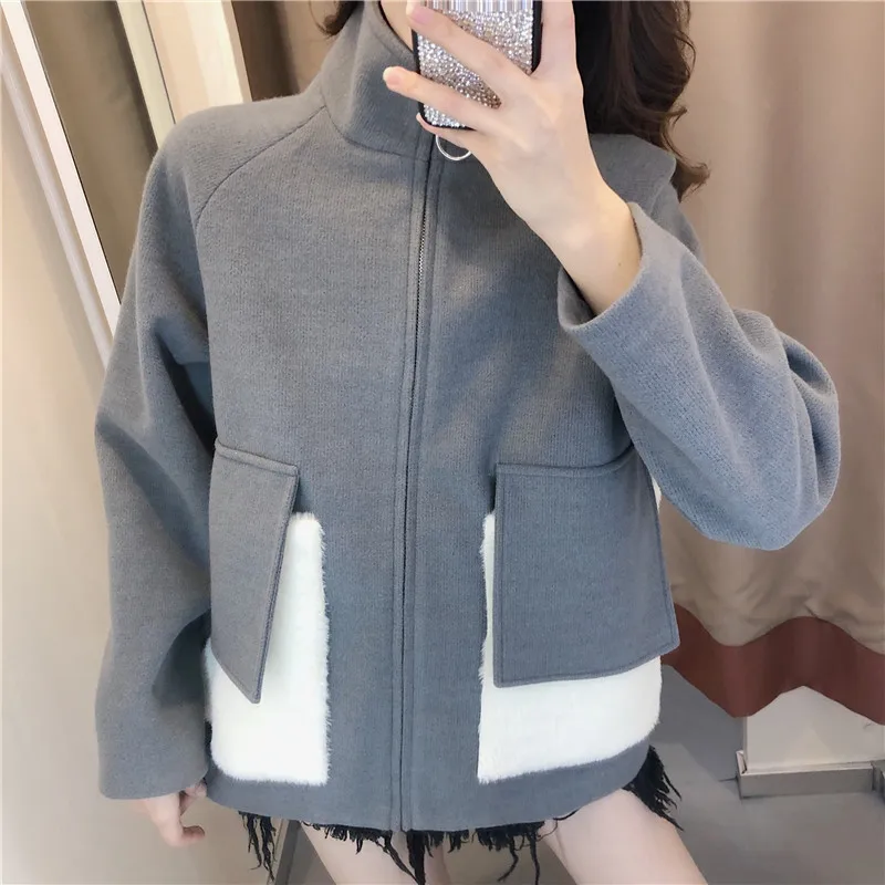Blue Corduroy sweater zipper coat women's autumn and winter versatile