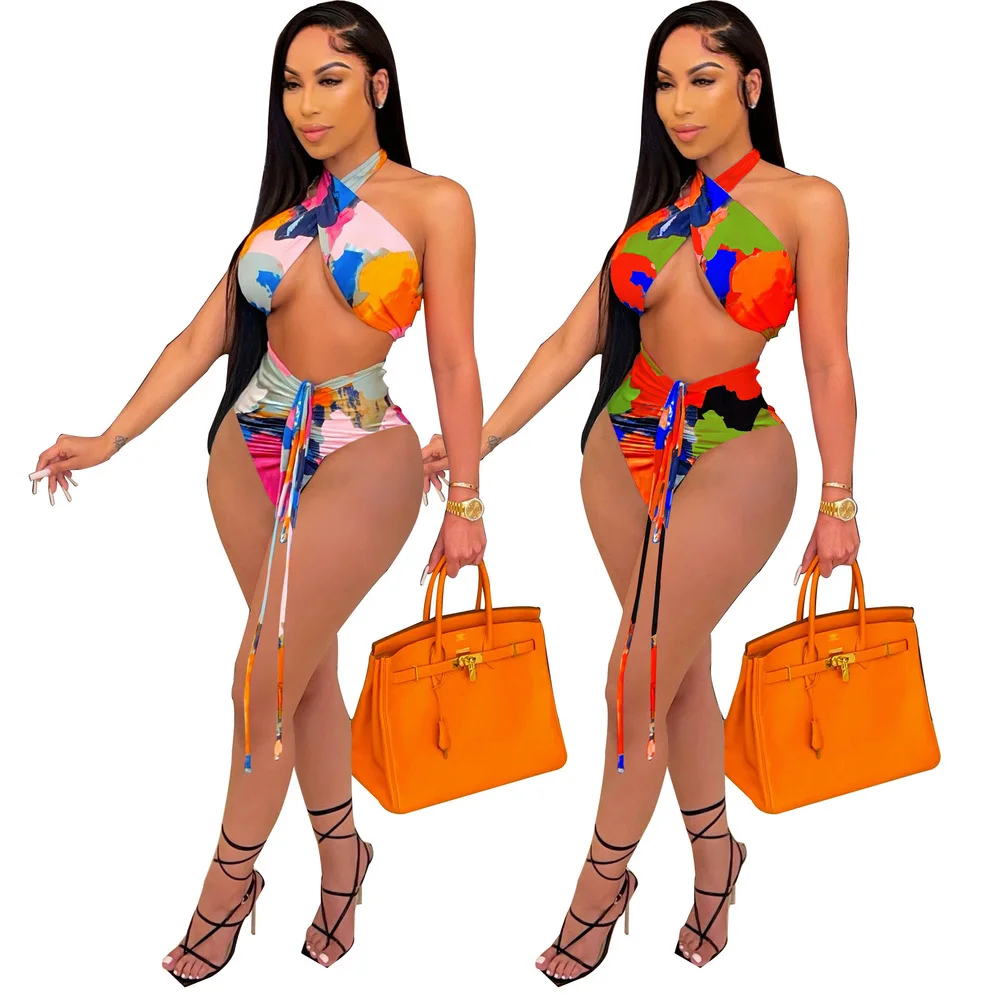 

Camouflage Print Summer 2 Two Piece Bikini Sets Summer Outfits for Women Criss Cross Halter Backless Crop Top and Beach Shorts