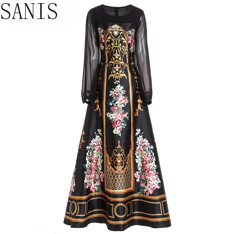 

Sanis Fashion Designer dress Spring Women's Dress Long sleeve Vintage Floral-Print Black Maxi Dresses
