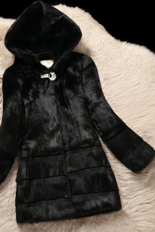 

Genuine New Arrival Free Shipping Coat with hat Women full pelt Rabbit jacket Winter Fur waistcoats big F03