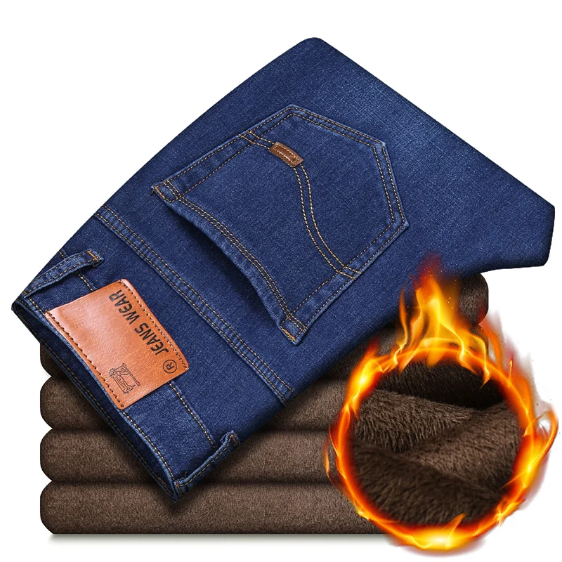 

2021 Autumn Winter New Men'S Plus Fleece Warm Jeans Business Casual Loose Straight Stretch Denim Trousers Brand Male Fit Pants