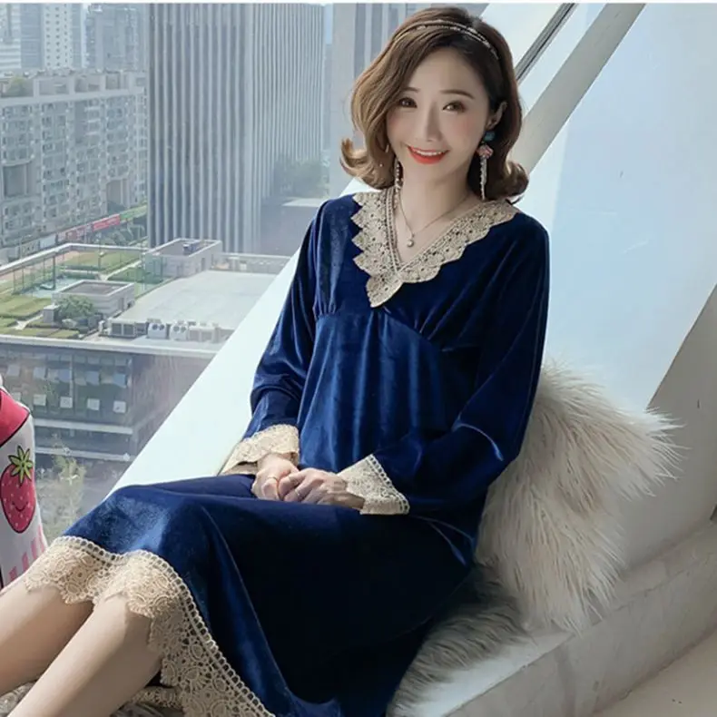 

Female Sexy V-Neck Nightdress Sweet Lace Trim Nightgown Temperament Velour Home Dress Autumn Winter New Casual Nightwear