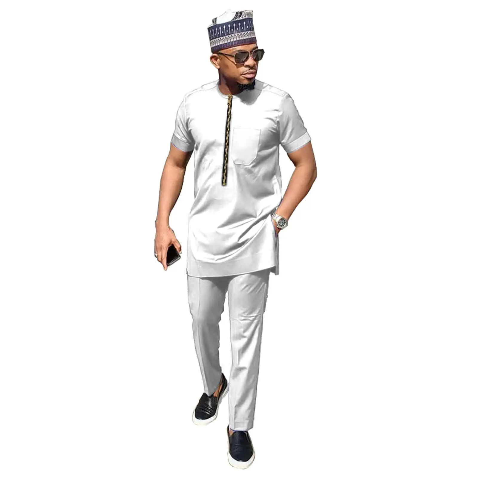 African Clothes for Men Ankara Dashiki Short Sleeve Men Set for Wedding for Party AFLIONE V2116039