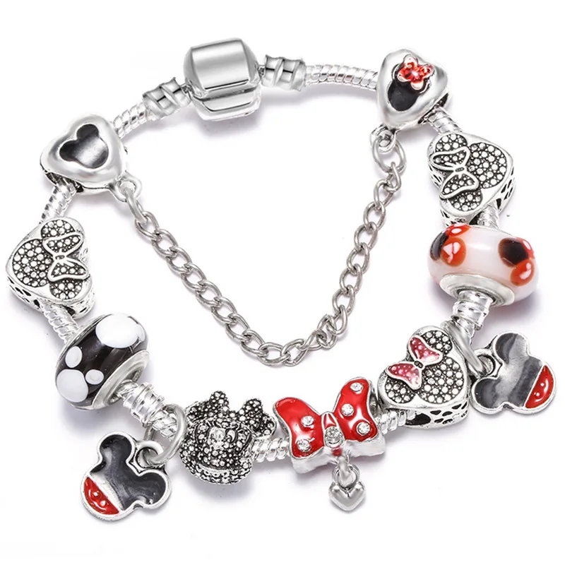 H Kawaii Mickey, Круглые Эмалированные Симпатичные Бусины, европейский браслет, любовь, браслеты с изображением единорога, безопасная цепочка, браслеты для женщин, девочек, детей, ювелирные изделия - Окраска металла: H