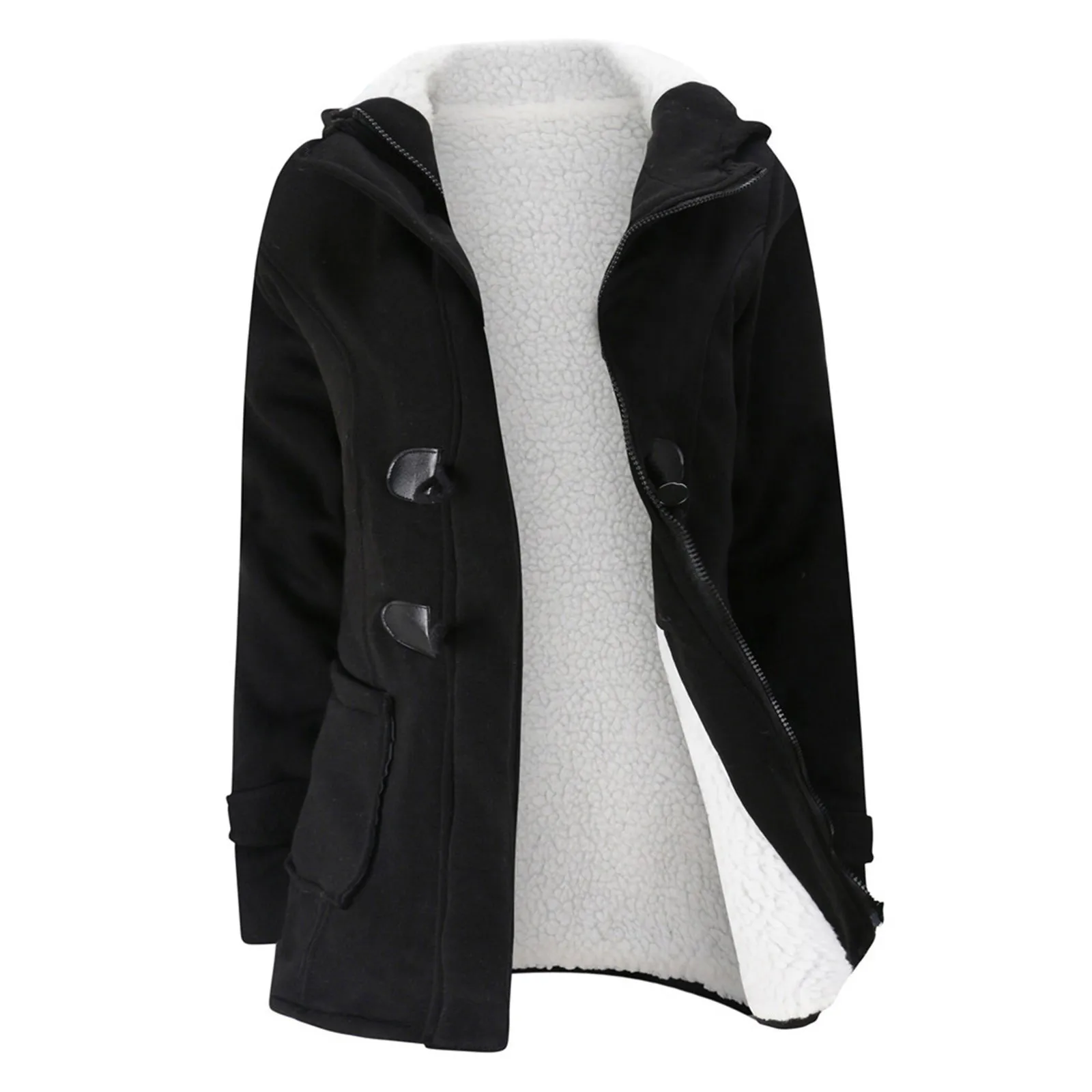 

Женское модное флисовое утепленное пальто с капюшоном и роговыми пуговицами, зимняя теплая куртка