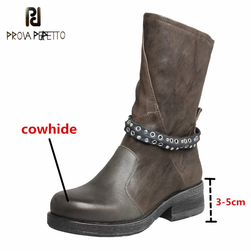 

Prova Perfetto High Quality Genuine Leather Women's Motorcycle Boot Solid Color Rivet Round Toe Wearproof Lady's Mid-calf Boots