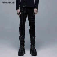 PUNK RAVE Men's Dark Elastic Woven Black Long Pants Leg Loop Decorated Gothic Personality Fashion Casual Men Denim Trousers