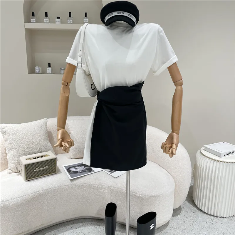 

Women's clothing Spring Summer 2021 Medium length Fake two pieces Color contrast stitching dress Short sleeve T-shirt Dress