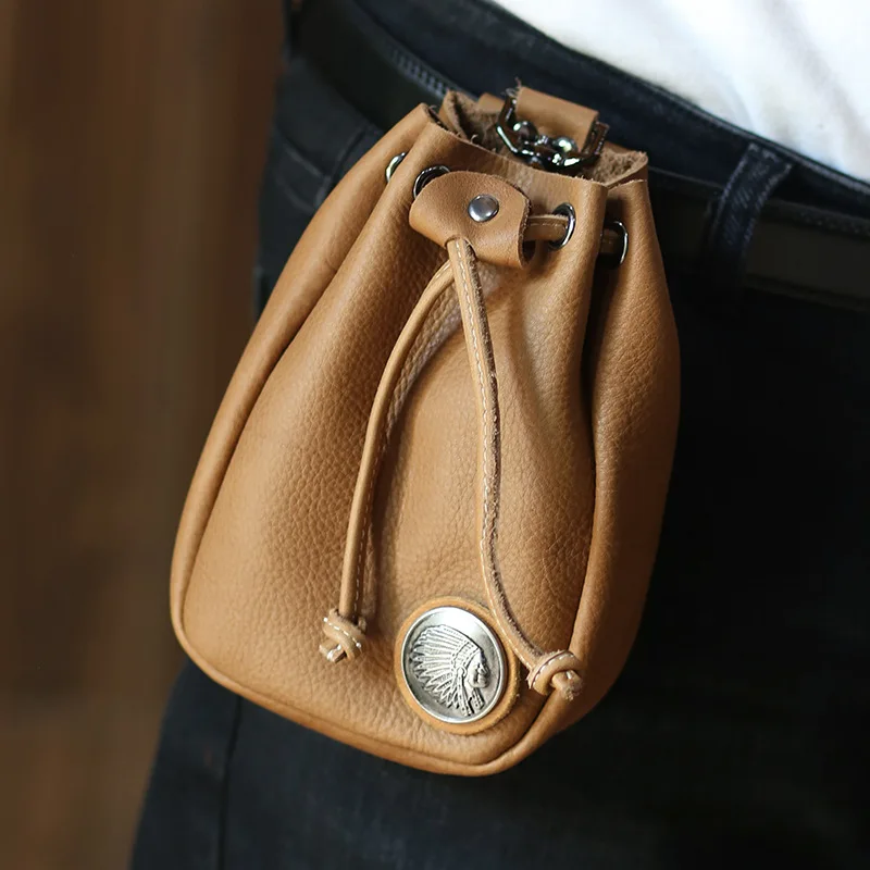 

Both Men And Women Vintage High Quality Cow Leather Coin Purse Small Mobile Phone Bag Mini Leather Cord Design Waist Packs