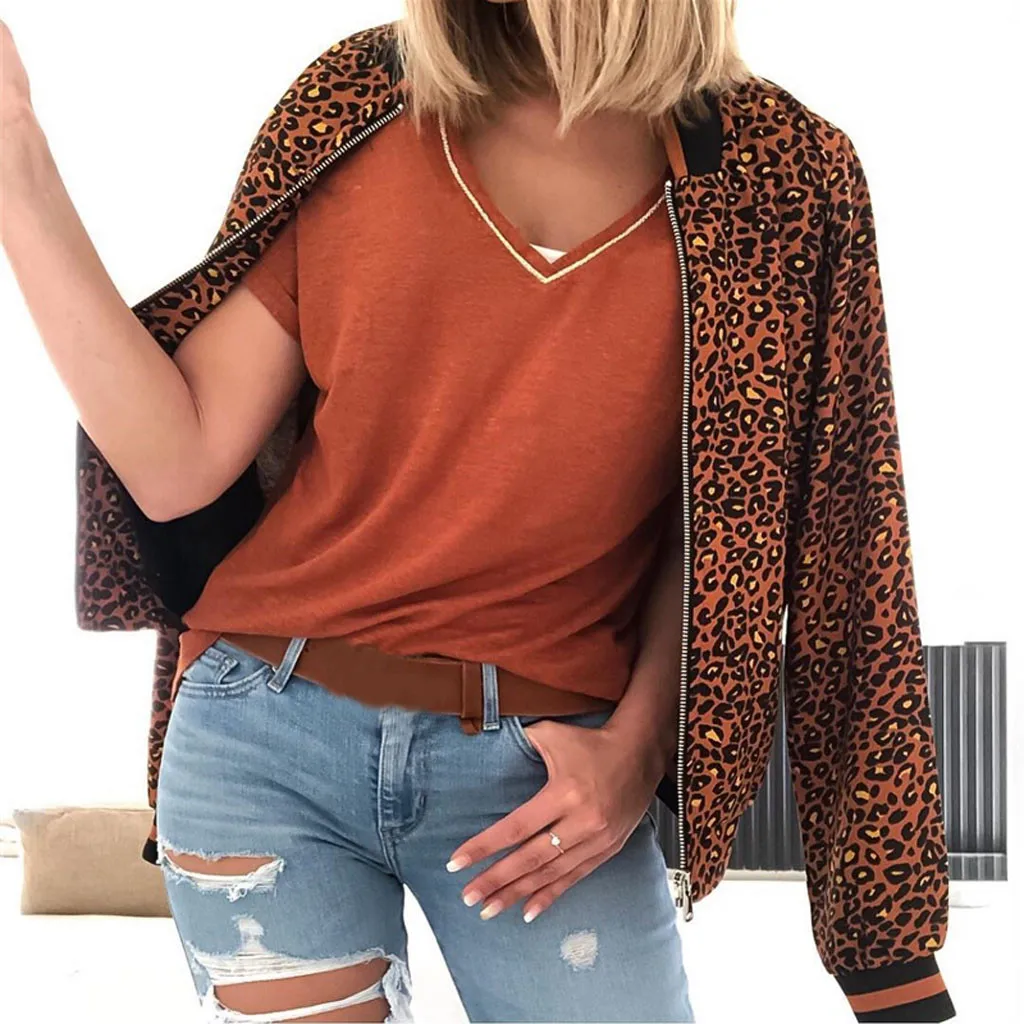 Women's Coat New Retro Leopard Printing Long Sleeves Zipper Up Jacket Short Outwear Autumn Winter Fashion Casual Clothes#A