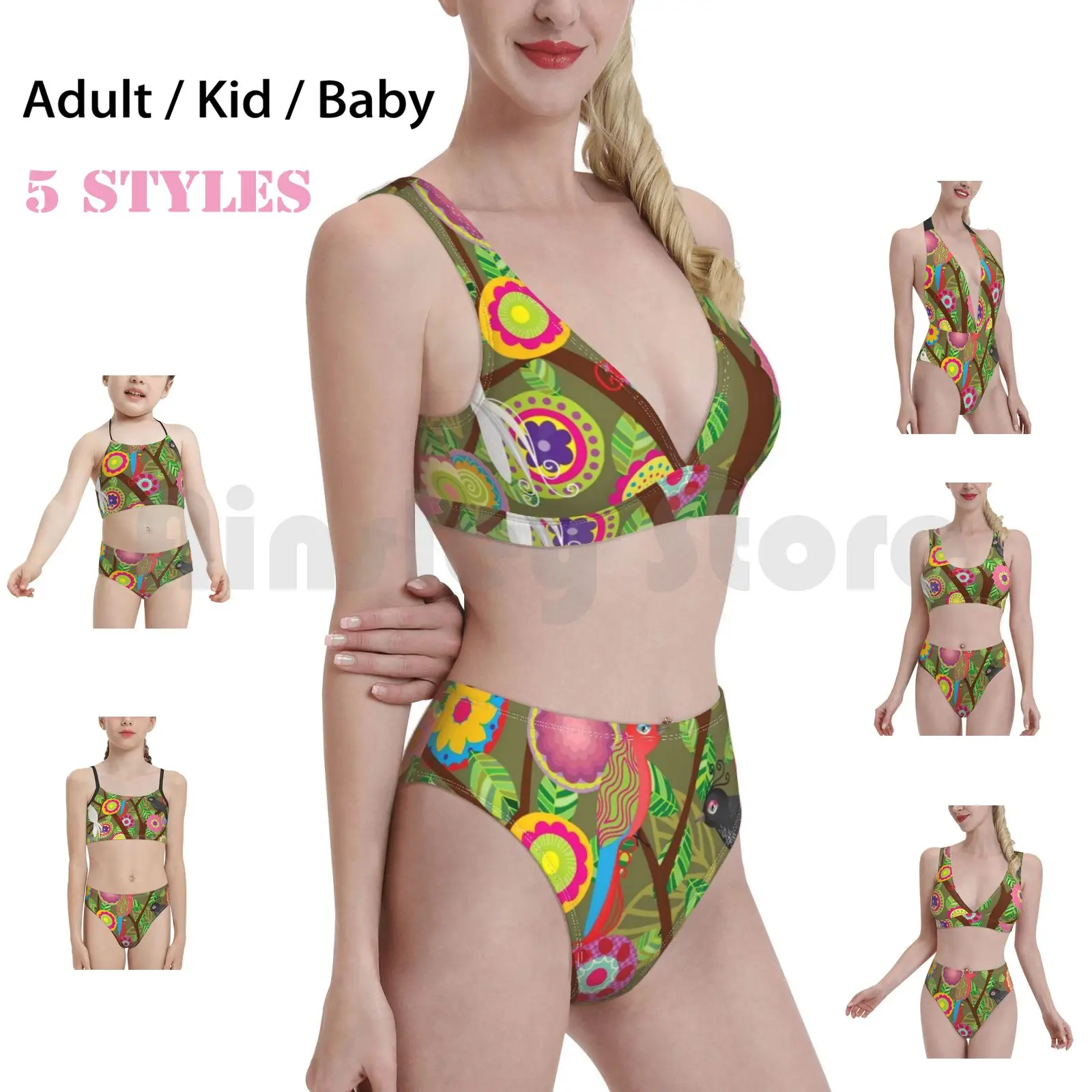 

Чудесные цветы и птицы купальник бикини Мягкий с высокой талией цветы птицы дерево листья натуральный чудо черная птица