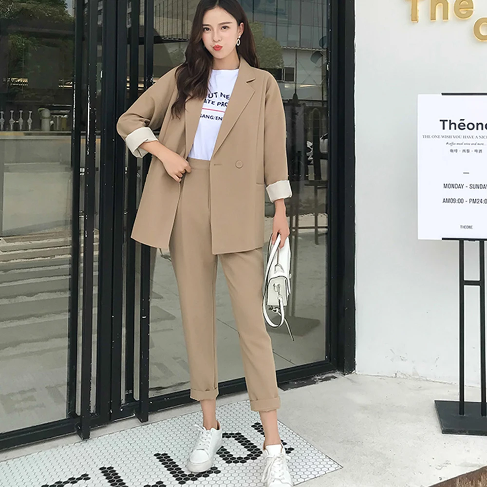 Casual Solid Women Pant Suits Notched Collar Blazer Jacket &amp Pencil Khaki Female Suit Autumn 2019 High Quality | Женская одежда