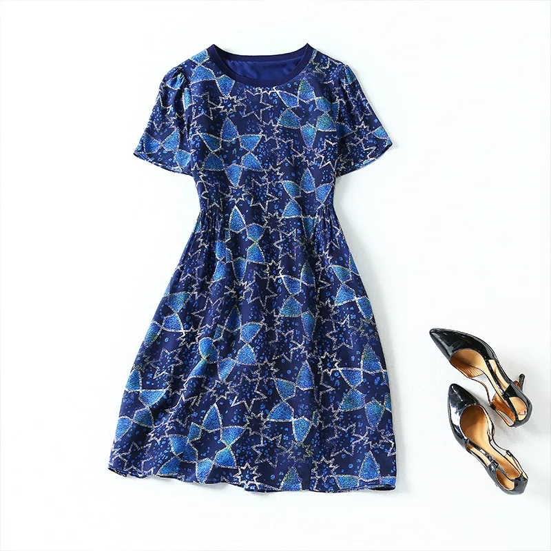 

Summer Dress Women Short Sleeve Midi Blue Print 100% Silk Elegant Fashion Office Lady OL Dresses Fashion Woman Outfits Vestidos