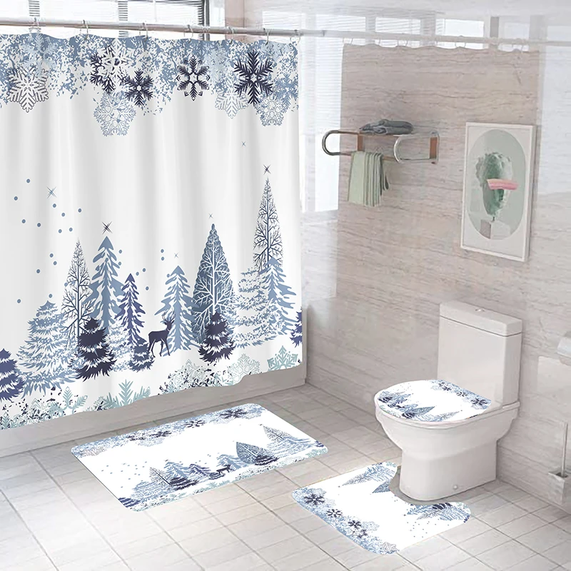 

White Shower Curtain Christmas snowflakes Nature Cloth Bathroom Decor Set 4 PCs Shower Curtain