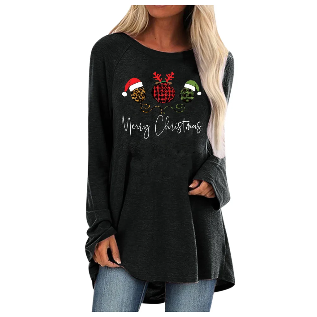 

Рождественская свободная футболка с длинным рукавом и графическим принтом для женщин, зимние повседневные топы