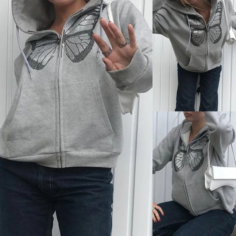 

Women Long Sleeve Hoodies Jacket Butterfly Rhinestone Zipper Loose Sweatshirt