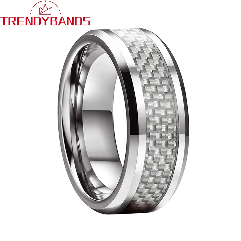 

8mm Carbon Fiber Inlay Tungsten Rings Wedding Band For Men Women Beveled Edges Polished Shiny Comfort Fit