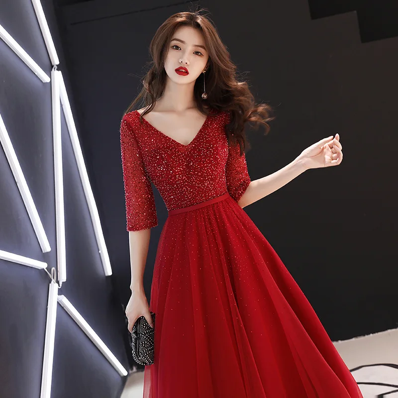 

Burgundy Chiffon A Line V Neck Long Evening Dresses Beading Sequined Floor Length hALF sLEEVEEvening Dress
