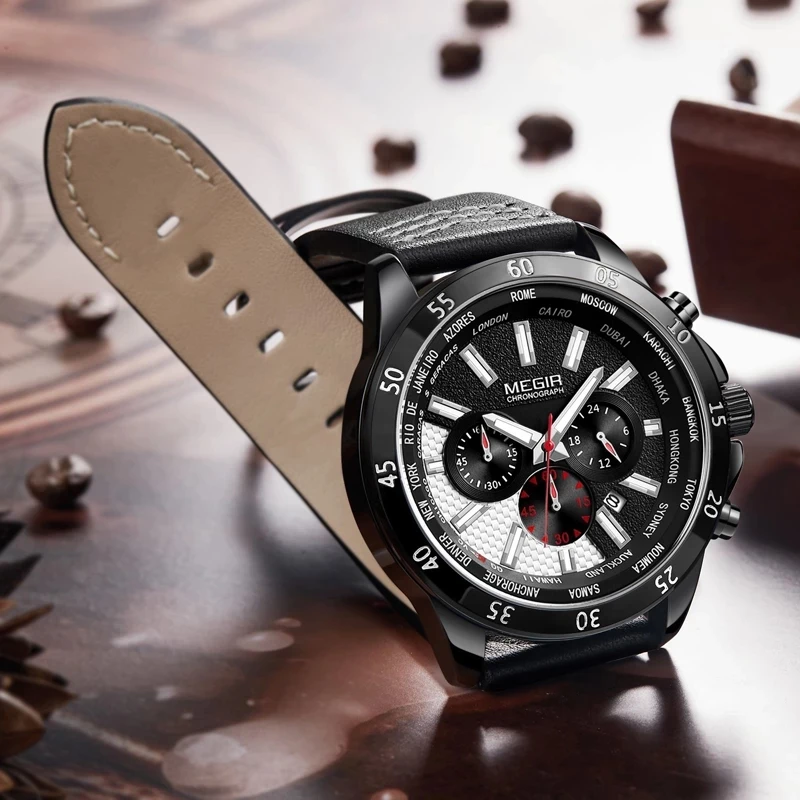 

MEGIR Top Brand Luxury Quartz Watch Men Fashion Leather Waterproof Luminous Calendar Chronograph Military Men's Watch 2103G