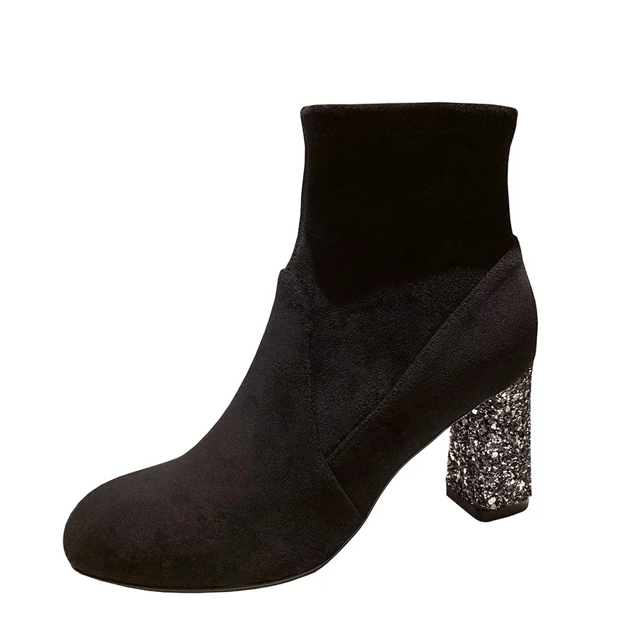 

Sexy round head suede Martin boots thick heel versatile Sequin elastic boots women